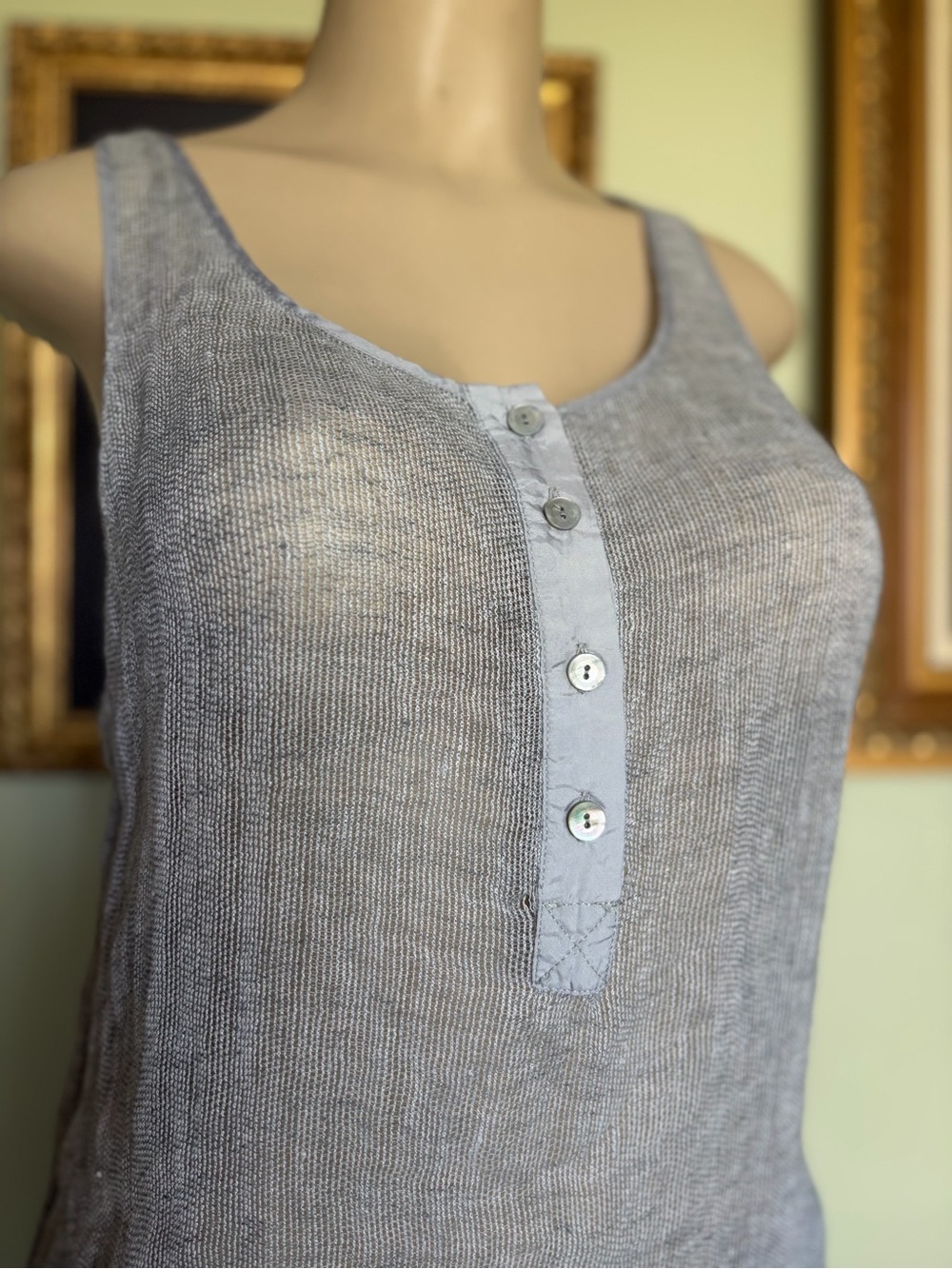 Eileen Fisher Gray Silver Mesh Linen Henley Tank Top Womans Size S Minimalist - Picture 10 of 16